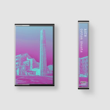A cassette tape with a vibrant geometric design featuring a tower and abstract background.